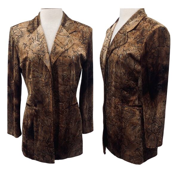 Vintage 90s Joseph Ribkoff Velvet Snakeskin Print Blazer Jacket Brown Gold 8/10 - Picture 1 of 9